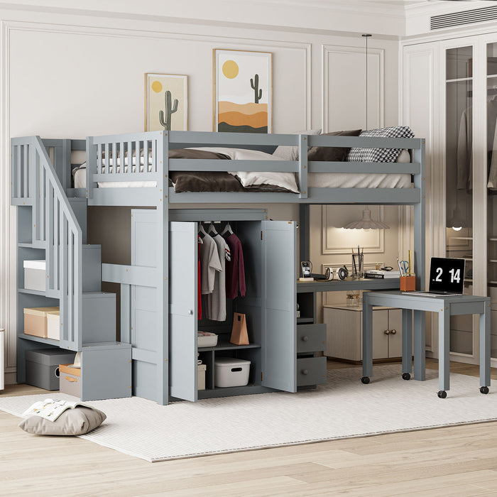 Loft Bed With Stairs, Bookshelf, Drawers, Desk & Wardrobe, Space Saving Multifunctional Furniture