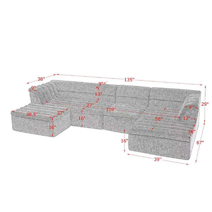 U-Shaped Modular Sectional Sofa With Chaise And Movable Ottoman With Wave-Shaped Armrest