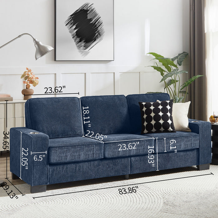 Modern Corduroy Fabric Sofa, 3 Seater Compressed Couch With Cup Holders