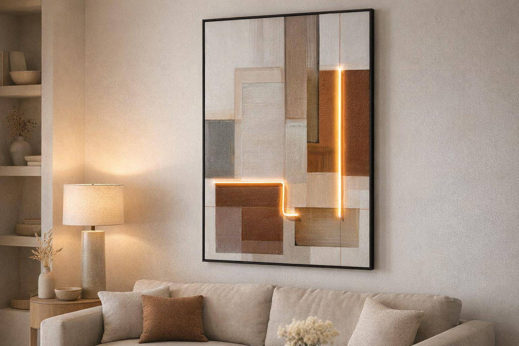 Luminous Grid I Hand-Embellished LED Canvas In Frame - Brown / Ivory