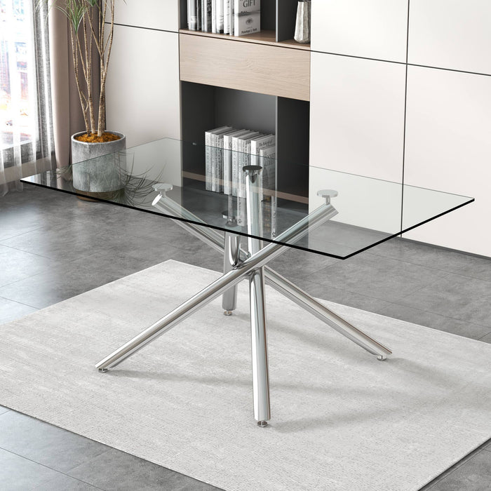 Large Modern Minimalist Rectangular Glass Dining Table For 6 - 8 With Tempered Glass Tabletop And Silver Chrome Metal Legs, For Kitchen Dining Living Meeting Room Banquet Hall