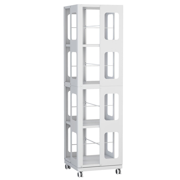 4 Tier All Steel Rotating Bookshelf With 360° Wheels, Large Size Sturdy & Spacious Book Rack, New Style Bookshelf - White