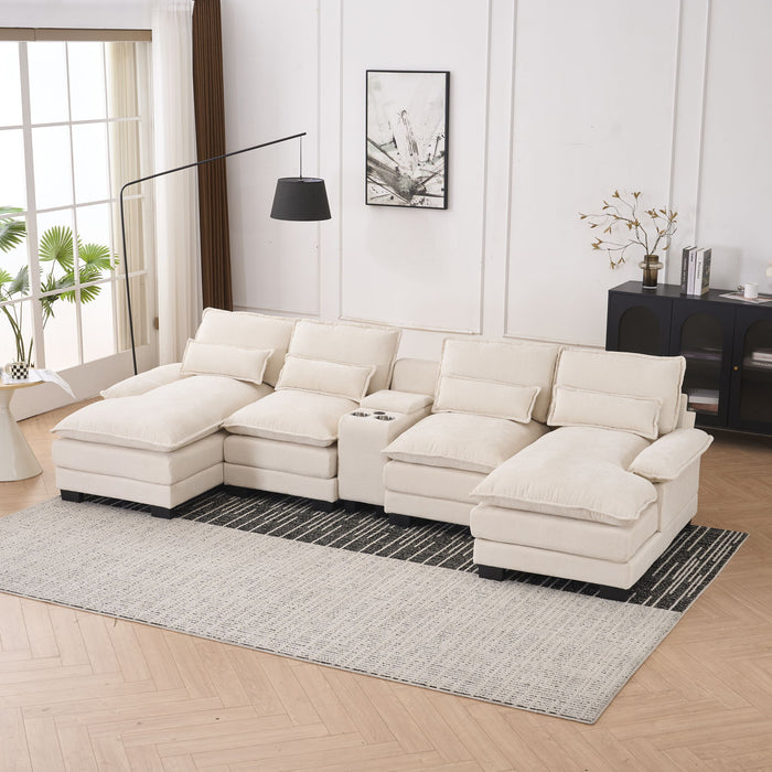 U Shaped Sofa With Console, Cupholders, USB Ports, 6 Seat, Bronzing Suede & Chenille