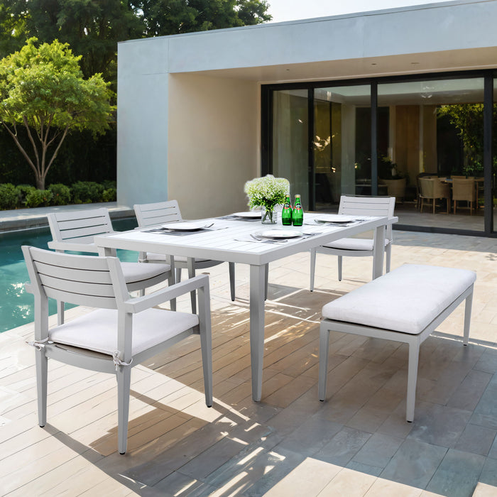 6 Piece Dining Set Modern Outdoor Patio Furniture, 4 Dining Chairs & 1 Dining Bench Sunbrella Fabric And 2 Tone Rectangle Table With Umbrella Hole - Matte White / Grayish