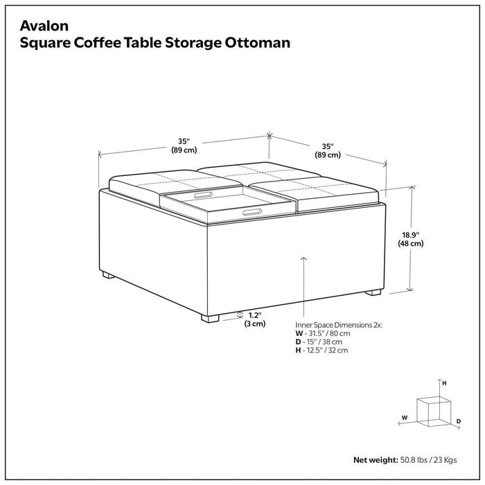 Avalon - Square Coffee Table, Storage Ottoman