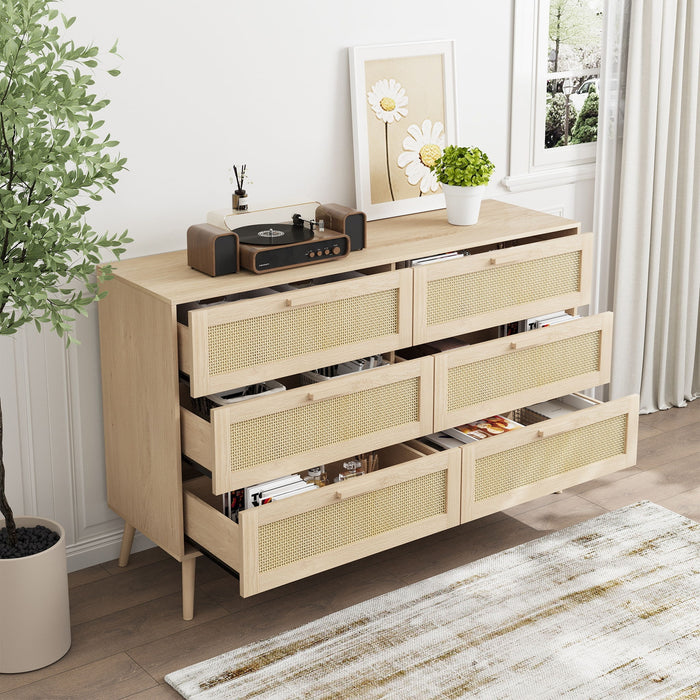 Rattan 6 Drawers Chest Of Dressers For Bedroom, Modern 6 Drawer Dresser, Wide Chest Of Drawers With Wood Handles, Rattan Dresser Storage Cabinet For Living Room, Bedroom, Hallway - Natural Wood / Oak