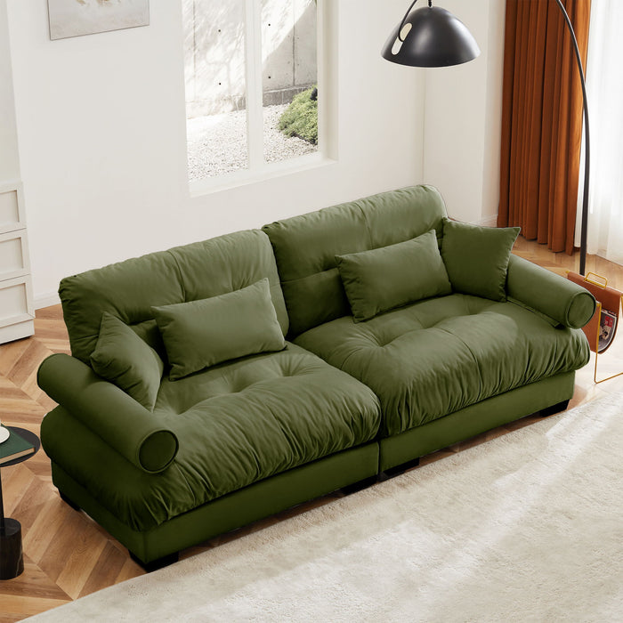 Modern Velvet Sofa With Bolstered Armrests And Pillows
