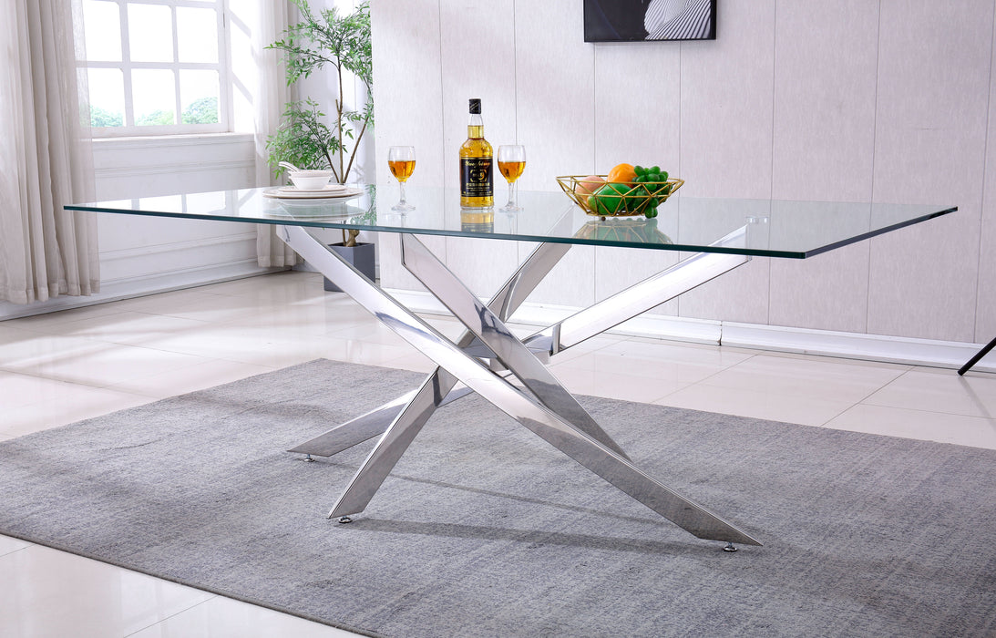 Modern Tempered Glass Top Dining Table - Silver Mirrored Finish