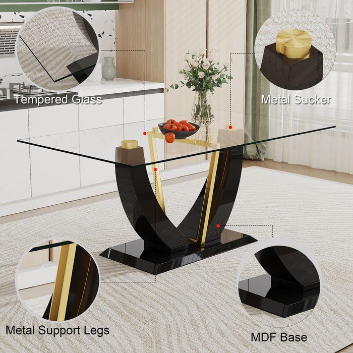 Modern Simple Rectangular Glass Table With Black MDF Legs And Gold Stand, Equipped With Tempered Glass Table And MDF Legs