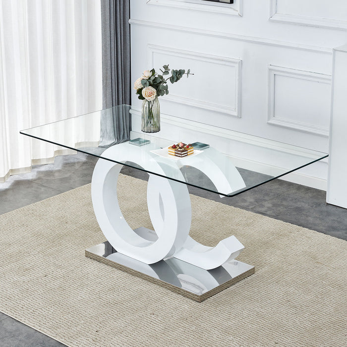 Large Modern Minimalist Rectangular Glass Dining Table, Suitable For 6 - 8 People, Equipped With Tempered Glass Tabletop, White MDF Oc Shaped Bracket And Metal Base, Suitable For Kitchen