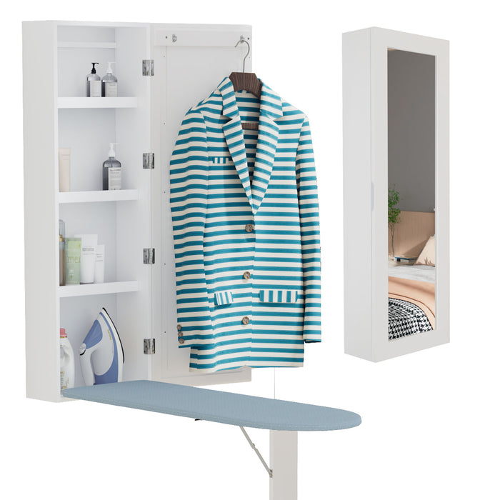 Wall Mounted Ironing Board Cabinet With Mirror, Built In Iron Board, Inside Cabinet With 2 Hooks & Folding Support Leg