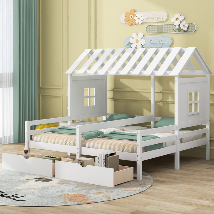Cama individual para 2 niños, marco de cama de doble plataforma de madera  con cajones de almacenamiento para niños y niñas, adolescentes, color blanco