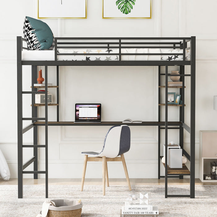 Cama alta de tamaño completo con escritorio largo y estantes, negro —  Brother's Outlet