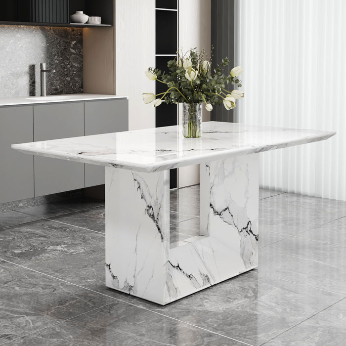 A Simple Dining Table Now, A White Marble Patterned Dining Table, Suitable For Kitchen And Living Room, Can Accommodate 4 - 6 People