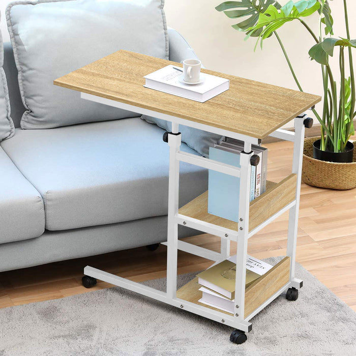 Side Table With Wheels, Height Adjustable Snack End Table With Storage Shelf, Under The Sofa Overbed Table For Sofa Couch, Living Room, Bedroom & Small Spaces, White