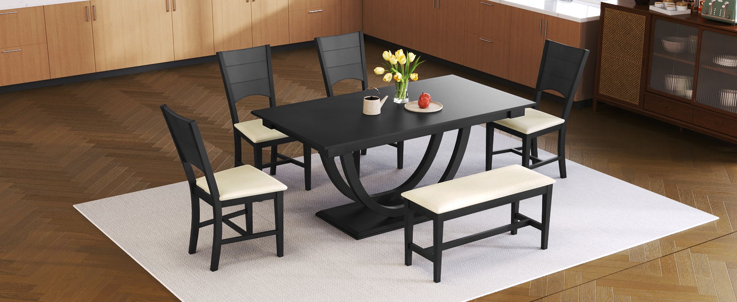 Juego de mesa de comedor de 6 piezas, mesa de comedor de estilo moderno  para 6 personas con 4 sillas tapizadas y un banco, juego de mesa de cocina  de