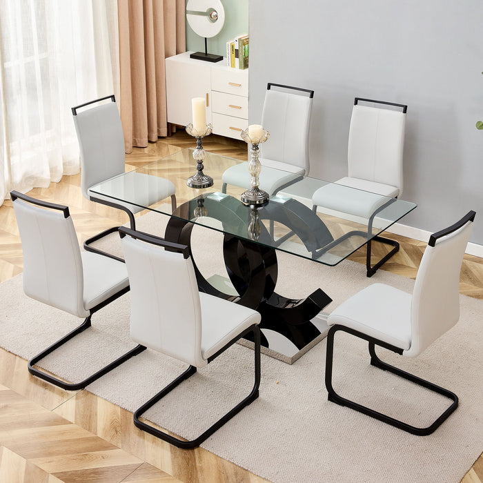 Large Modern Minimalist Rectangular Glass Dining Table For 6 - 8 With Tempered Glass Tabletop And MDF Oc - Shaped Bracket And Metal Base, For Kitchen Dining Living Meeting Room Banquet Hall