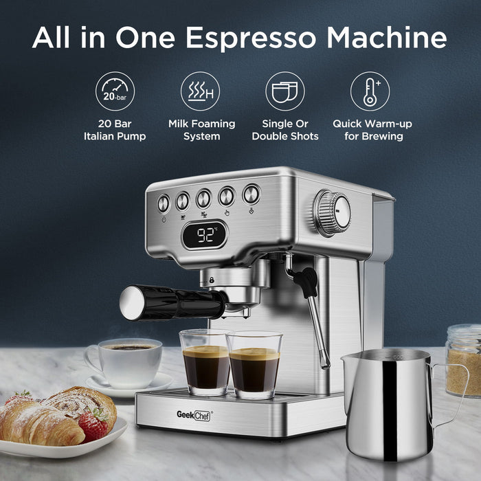 2-Cup Silver 20-Bar Espresso Machine Coffee Maker with ESE POD Filter, Milk  Frother Steam Wand, Thermometer, Water Tank