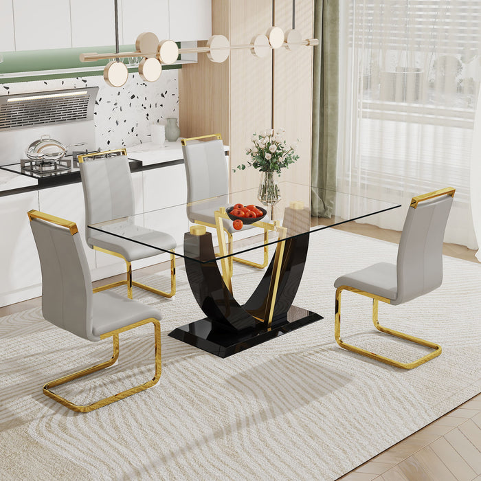 Modern Simple Rectangular Glass Table With Black MDF Legs And Gold Stand, Equipped With Tempered Glass Table And MDF Legs