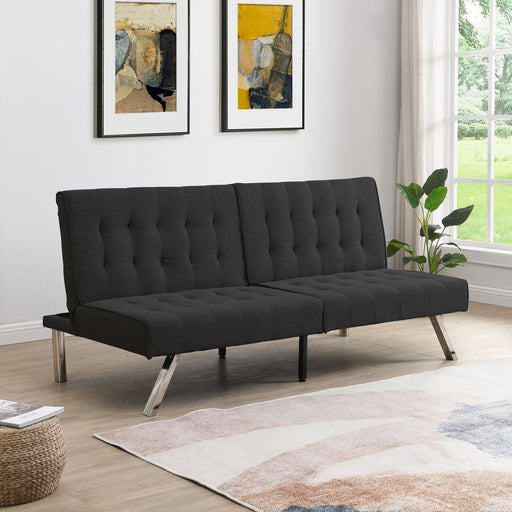Sofá cama tipo futón plegable convertible con patas de metal y 2  portavasos, moderno sofá tapizado de lino de tela, sofá biplaza plegable