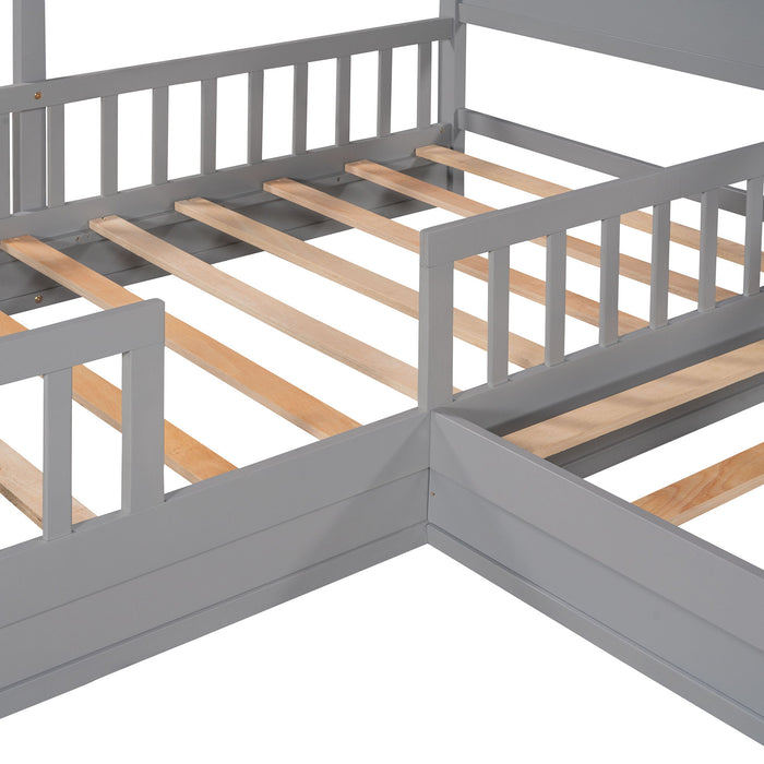 Cama de casa con camas dobles individuales, 2 camas individuales de madera  en forma de L, con techo, ventana, valla y diseño de listones, marco de