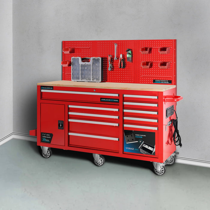 Heavy - Duty 62 In. 10 - Drawer Red Tool Chest Mobile Workbench Cabinet With Pegboard Back Wall Red