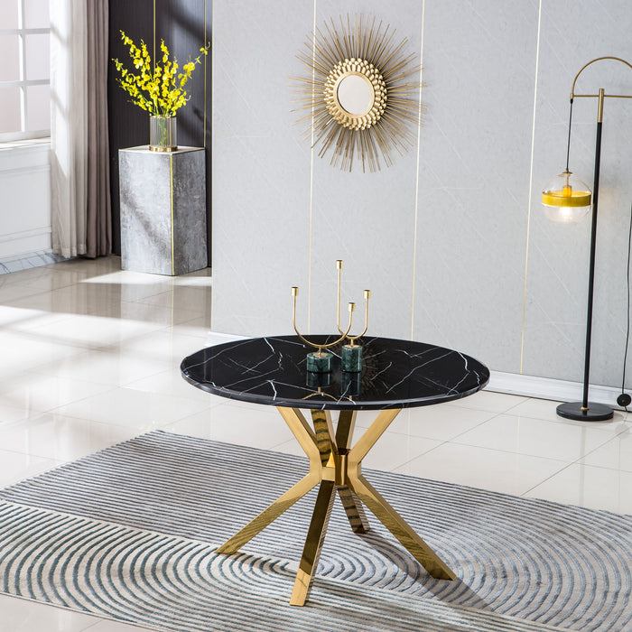 Modern Round Marble Table For Dining Room / Kitchen, 1.02" Thick Marble Top, Gold Finish Stainless Steel Base