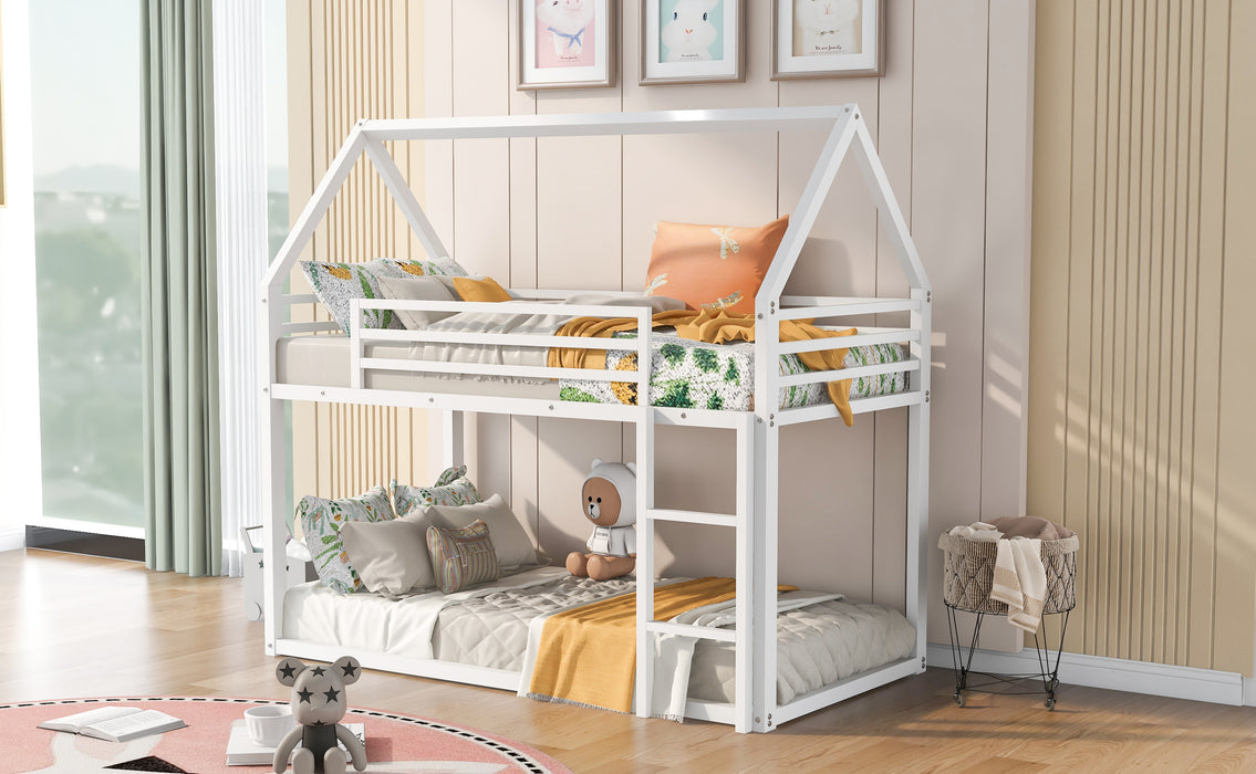 Twin over Twin House Bunk Bed with Built-in Ladder,White