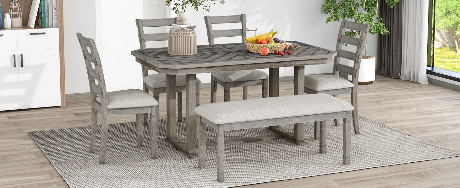  Juego de mesa de comedor de madera con 4 sillas tapizadas y 1  banco, juego de mesa de comedor de cocina de 6 piezas con hermoso patrón de  vetas de madera